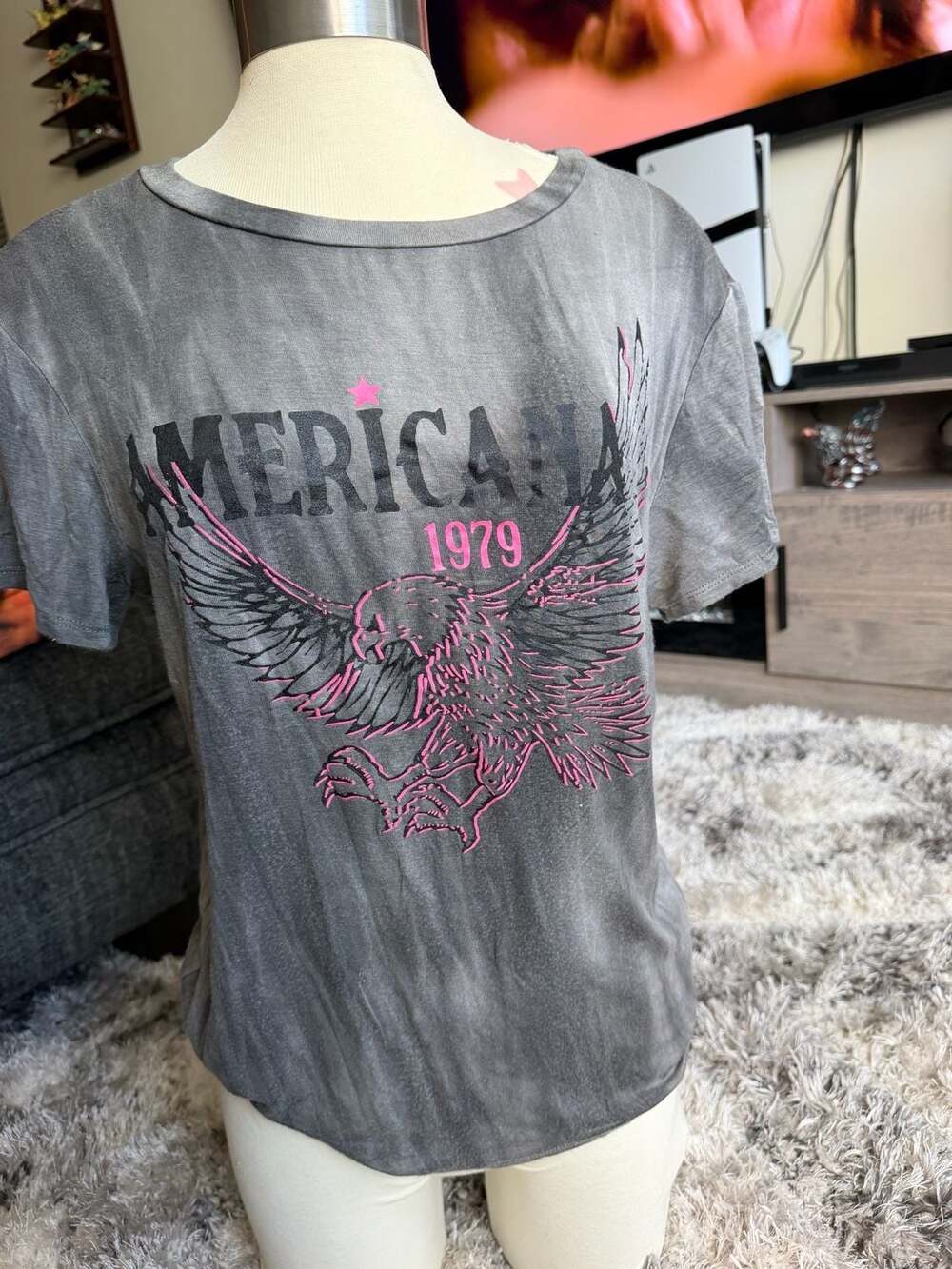 ALYA Americana 1979 Eagle Graphic T-Shirt Size M Gray Distressed Made USA